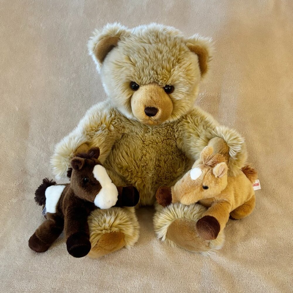 AURORA LARGE 15" TEDDY BEAR & 2 MINI-FLOPSIE PLUSH HORSES for Ages 3+ Years